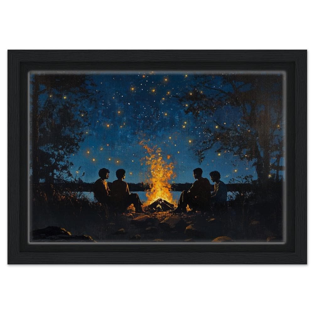 Framed Black Family Campfire Art | African American Night Sky Canvas | Peaceful Outdoor Wall Decor | Modern Home Art