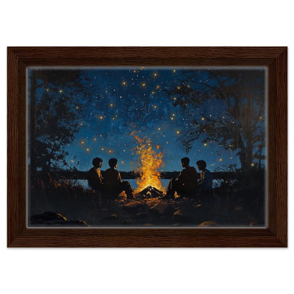 Framed Black Family Campfire Art | African American Night Sky Canvas | Peaceful Outdoor Wall Decor | Modern Home Art