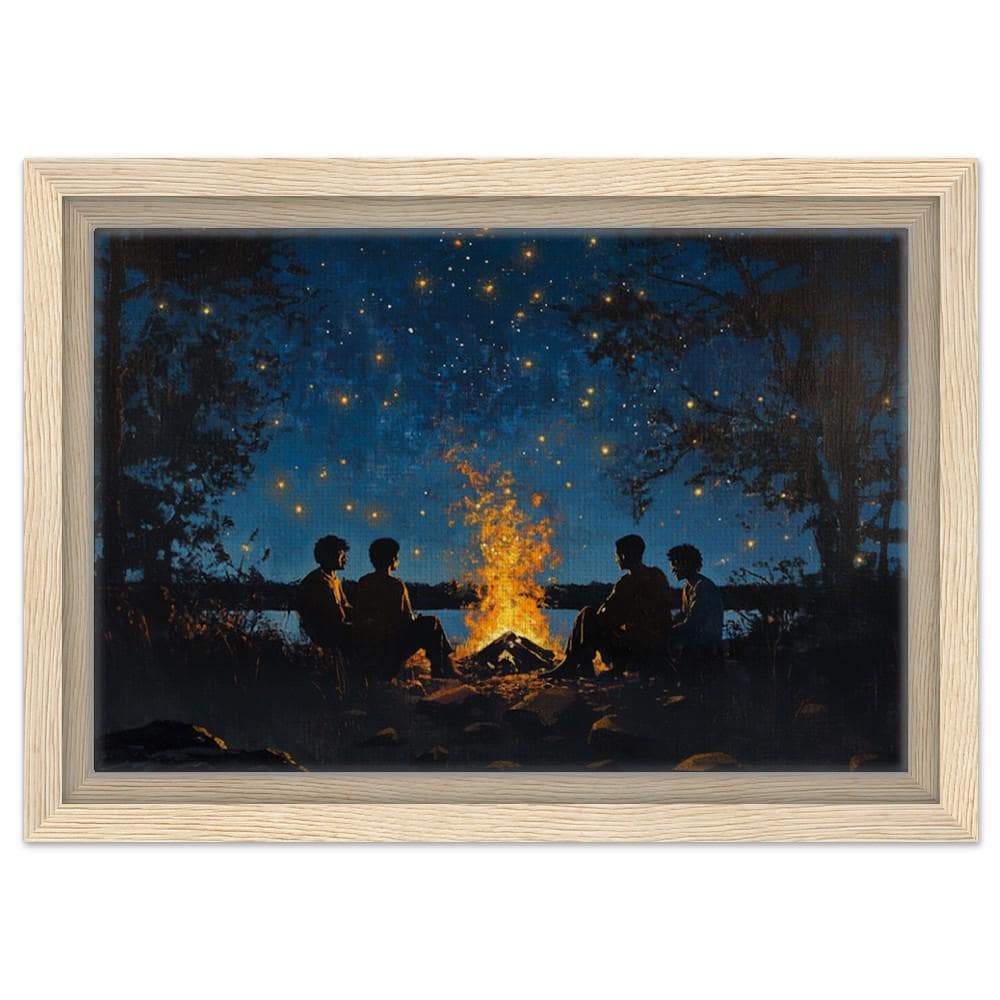 Framed Black Family Campfire Art | African American Night Sky Canvas | Peaceful Outdoor Wall Decor | Modern Home Art