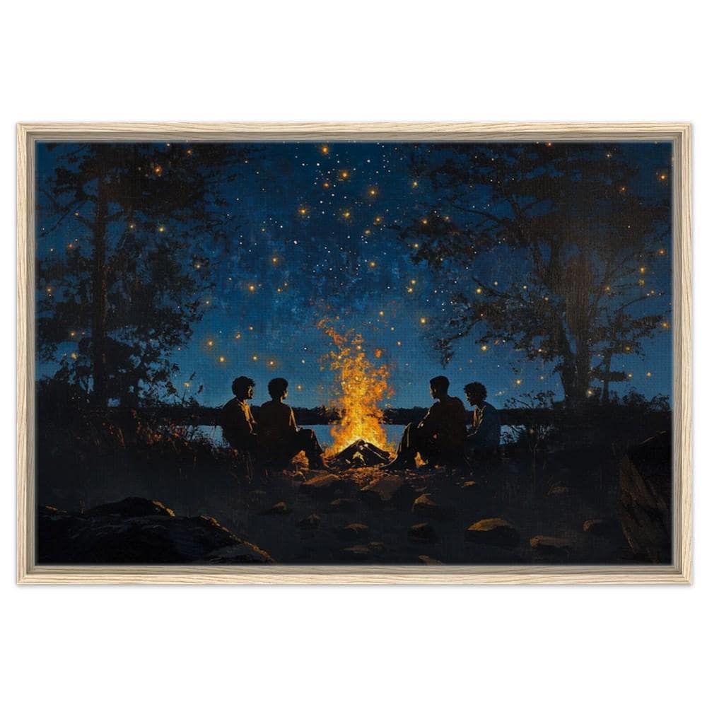 Framed Black Family Campfire Art | African American Night Sky Canvas | Peaceful Outdoor Wall Decor | Modern Home Art