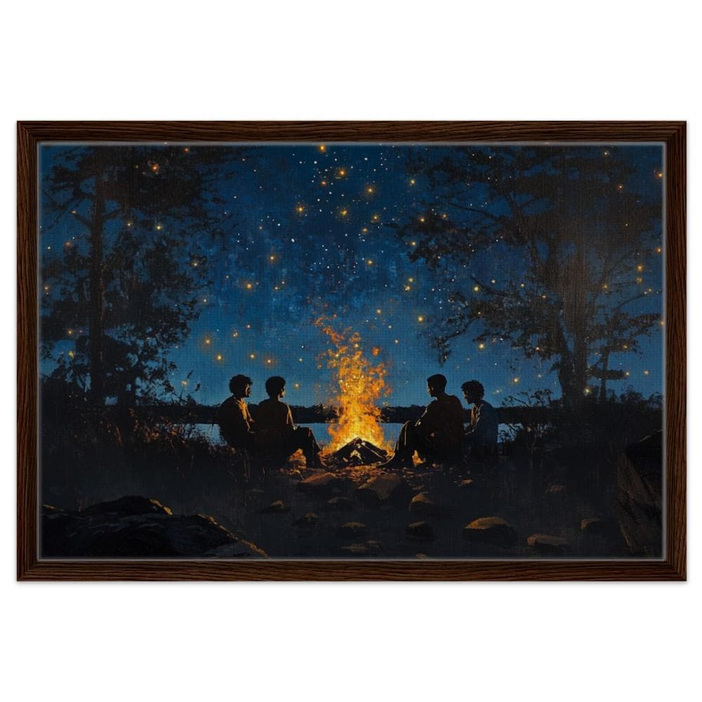 Framed Black Family Campfire Art | African American Night Sky Canvas | Peaceful Outdoor Wall Decor | Modern Home Art