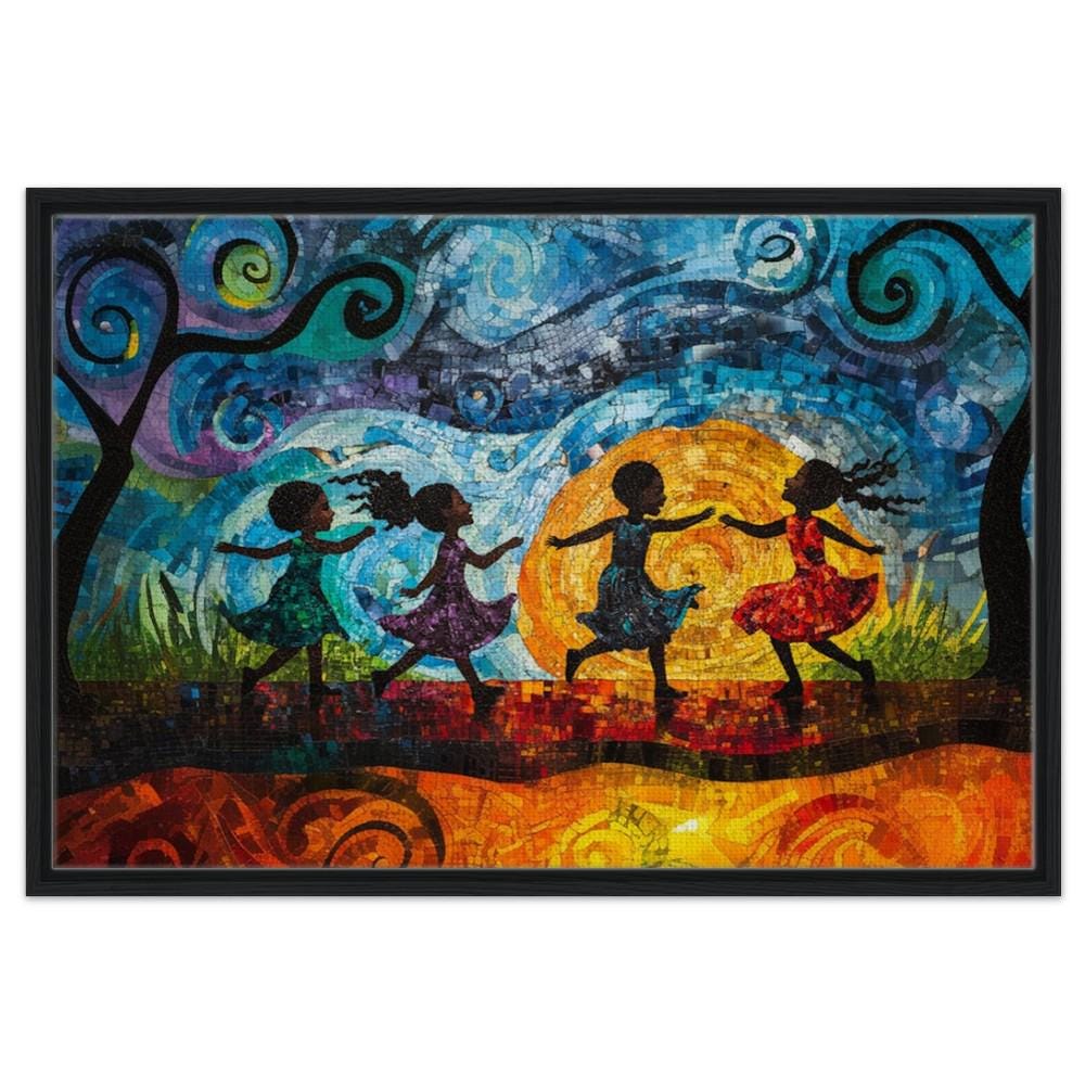 Framed Black Children Dancing Art | African American Childhood Joy Canvas | Colorful Whimsical Wall Decor | Modern Home Art