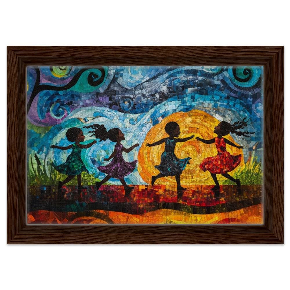 Framed Black Children Dancing Art | African American Childhood Joy Canvas | Colorful Whimsical Wall Decor | Modern Home Art