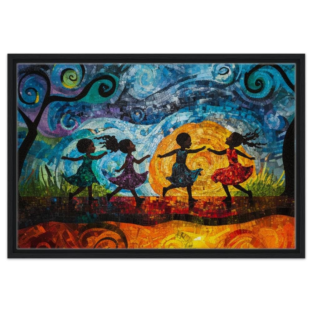 Framed Black Children Dancing Art | African American Childhood Joy Canvas | Colorful Whimsical Wall Decor | Modern Home Art