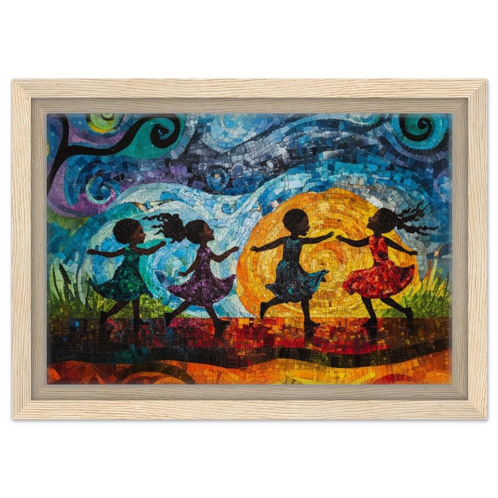 Framed Black Children Dancing Art | African American Childhood Joy Canvas | Colorful Whimsical Wall Decor | Modern Home Art