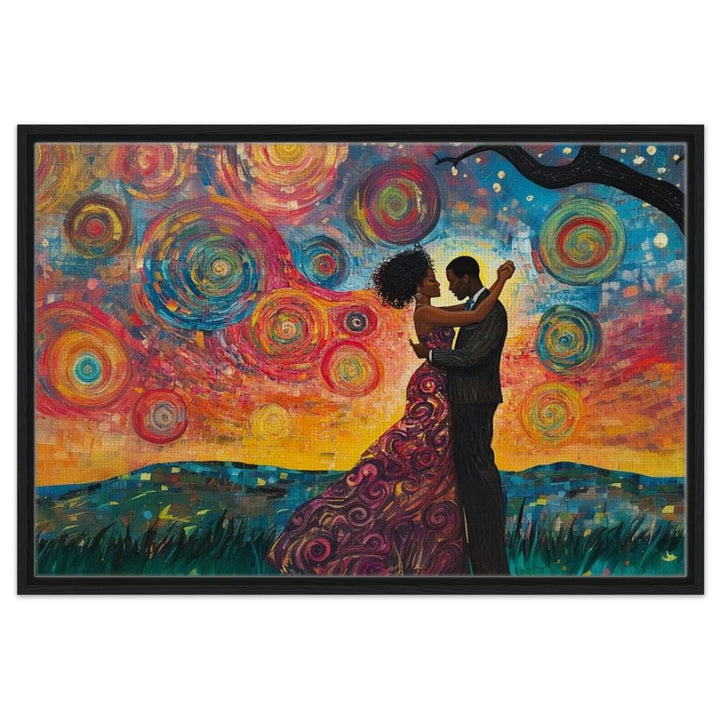 Dancing Black couple under a starry sky, vibrant canvas art celebrating love and connection in African American wall art.
