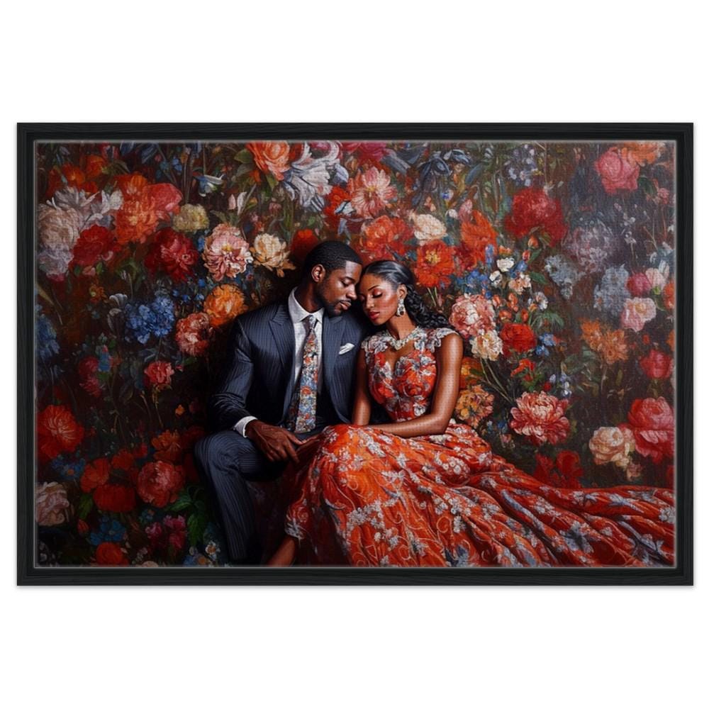 A Giclée print depicting a Black couple sitting close with a floral backdrop, representing elegance and romance.