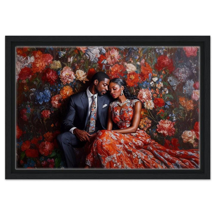 Elegant Black Couple in Floral Setting African American Love Art Wall Art