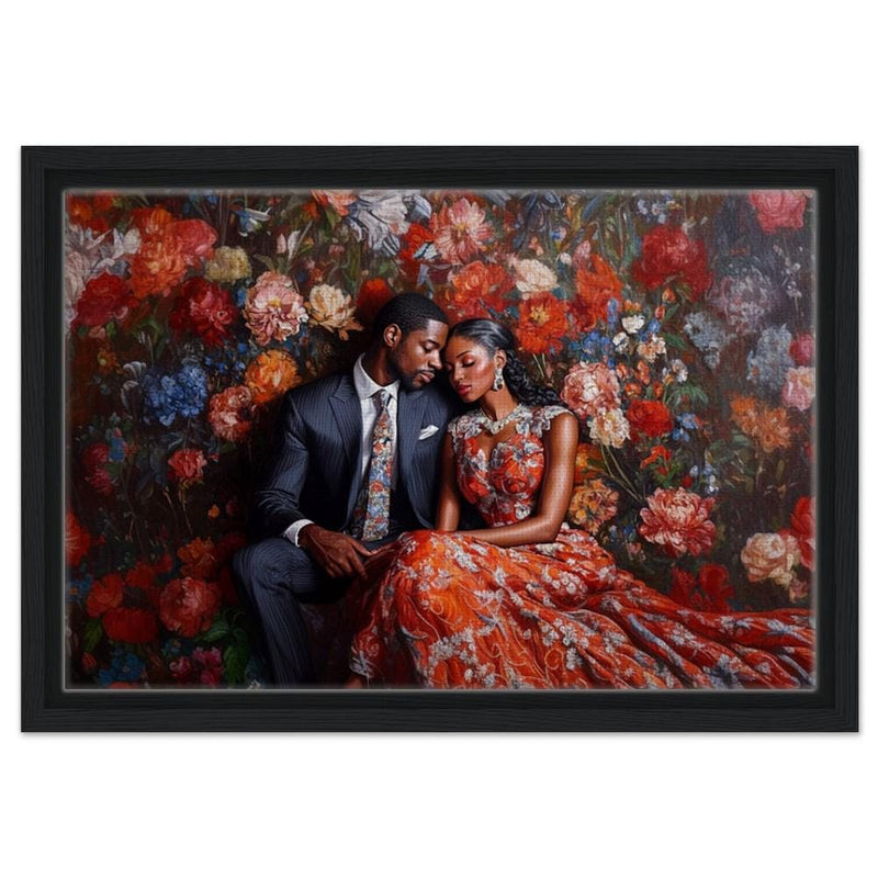 Elegant Black Couple in Floral Setting African American Love Art