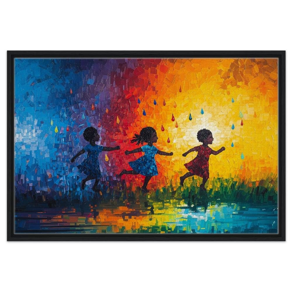 Abstract depiction of black children playing, vibrant colors make this an eye-catching piece of African American wall art.