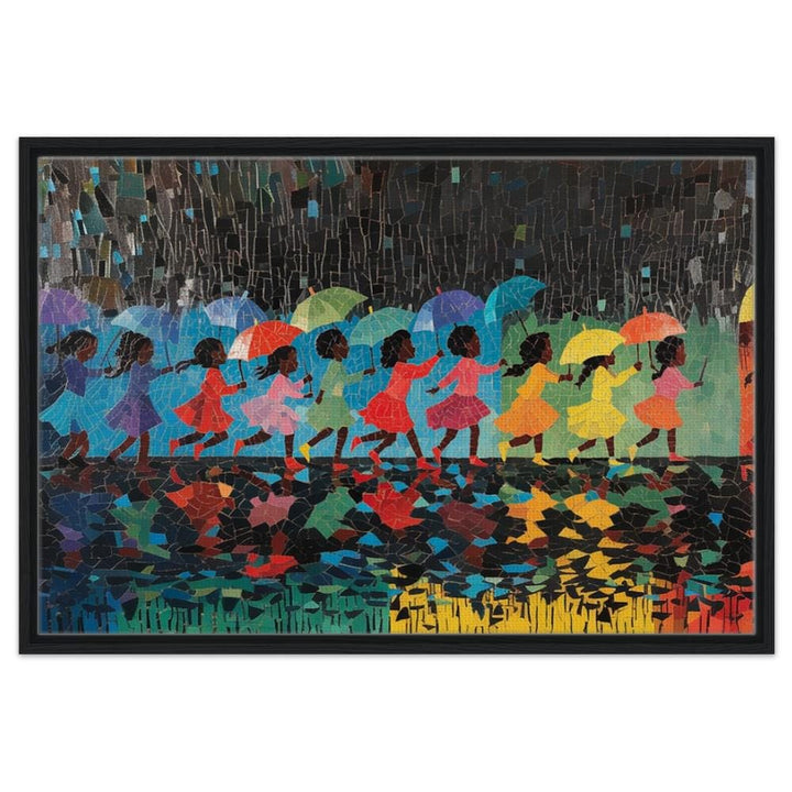 Black children holding colorful umbrellas, featuring vibrant colors in this captivating african american wall art.