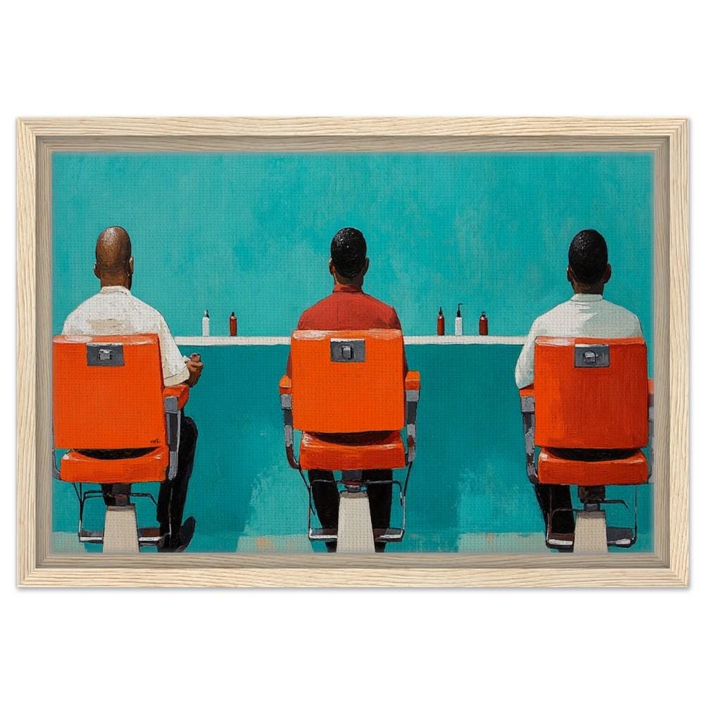 Framed African American Barbershop Art | Black Men in Conversation | Bold Orange Barber Chairs Canvas | Cultural Wall Decor