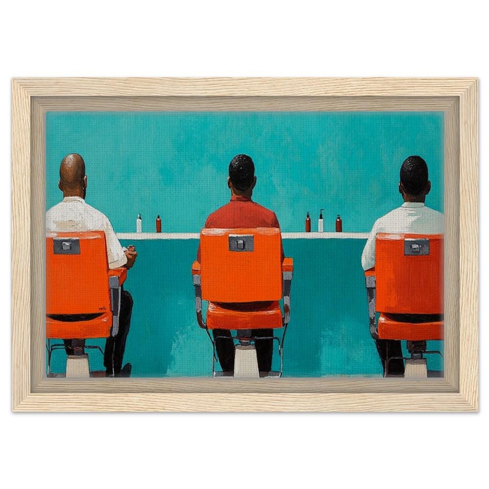 Framed African American Barbershop Art | Black Men in Conversation | Bold Orange Barber Chairs Canvas | Cultural Wall Decor