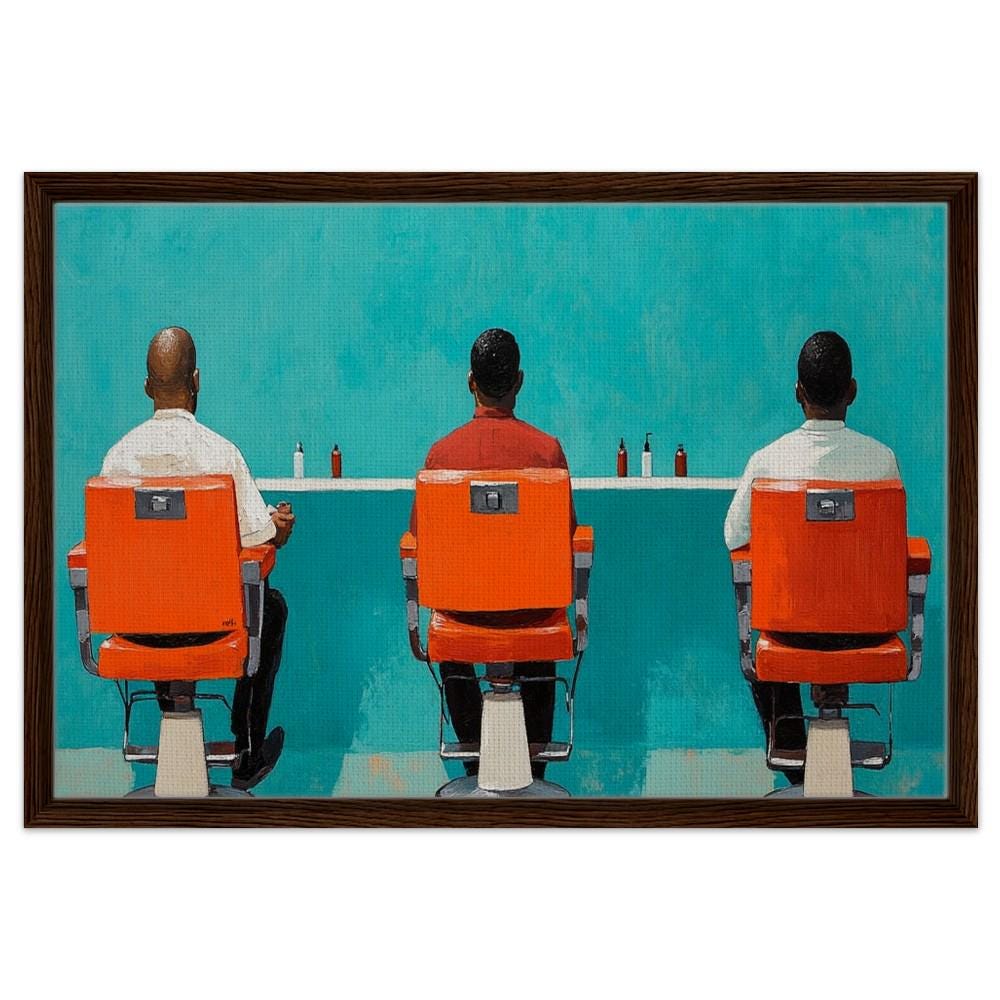 Framed African American Barbershop Art | Black Men in Conversation | Bold Orange Barber Chairs Canvas | Cultural Wall Decor