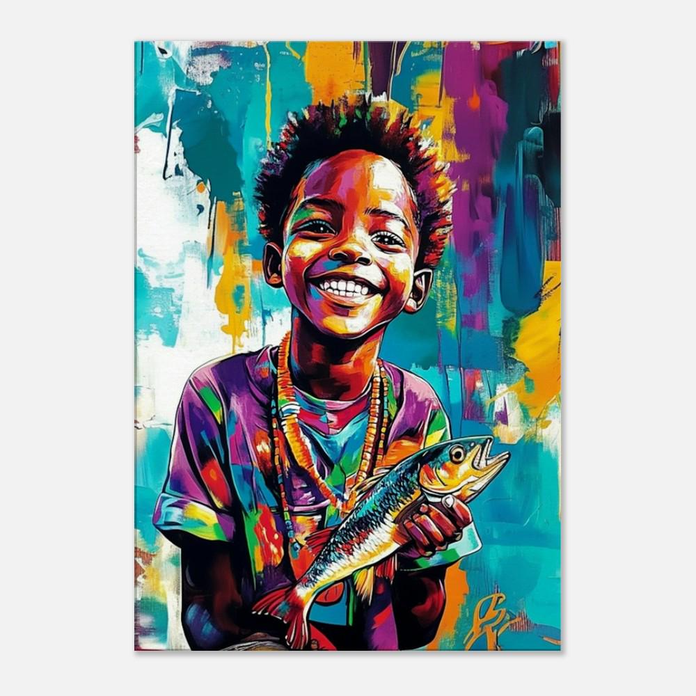 Black Boy Fishing | African American Art | Colorful Abstract Canvas Print | Joyful Youth Wall Art | Vibrant Home Decor