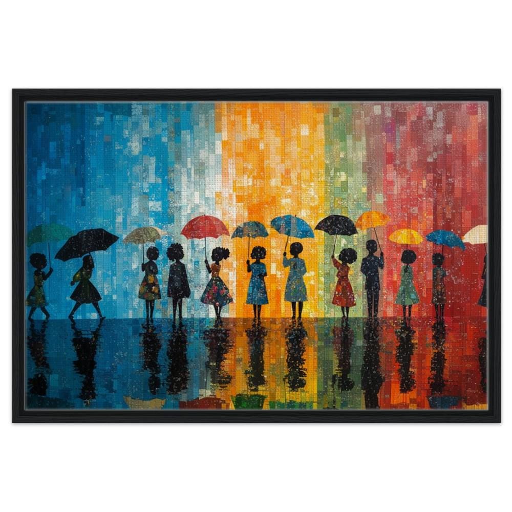 Black women holding colorful umbrellas in a vibrant abstract style, perfect for african american wall art.