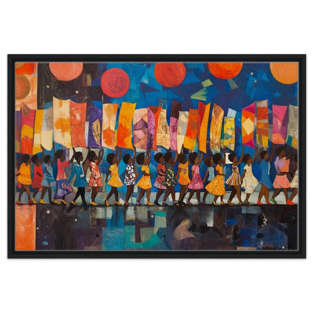 Marching Black Children African American wall art featuring vibrant colors and expressive figures celebrating unity and joy.