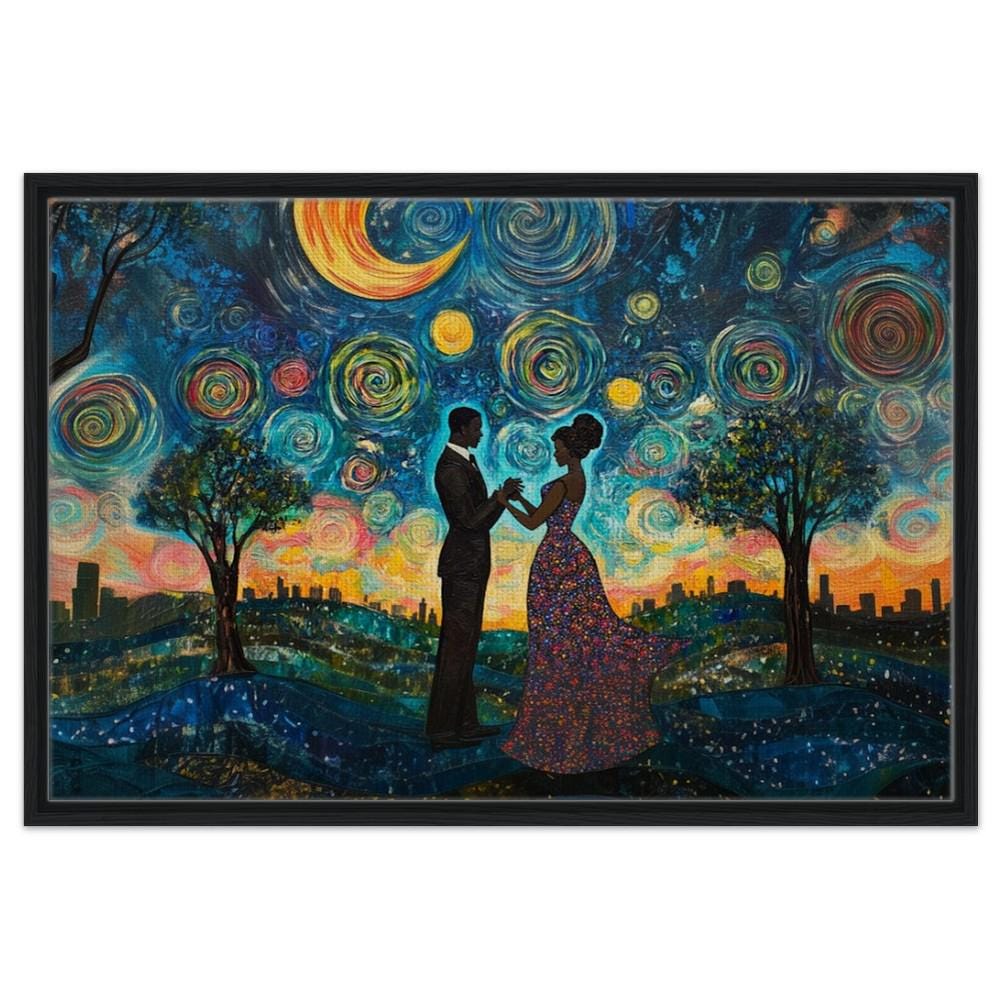 Black couple joyfully dancing under a starry sky, showcasing beautiful african american wall art.