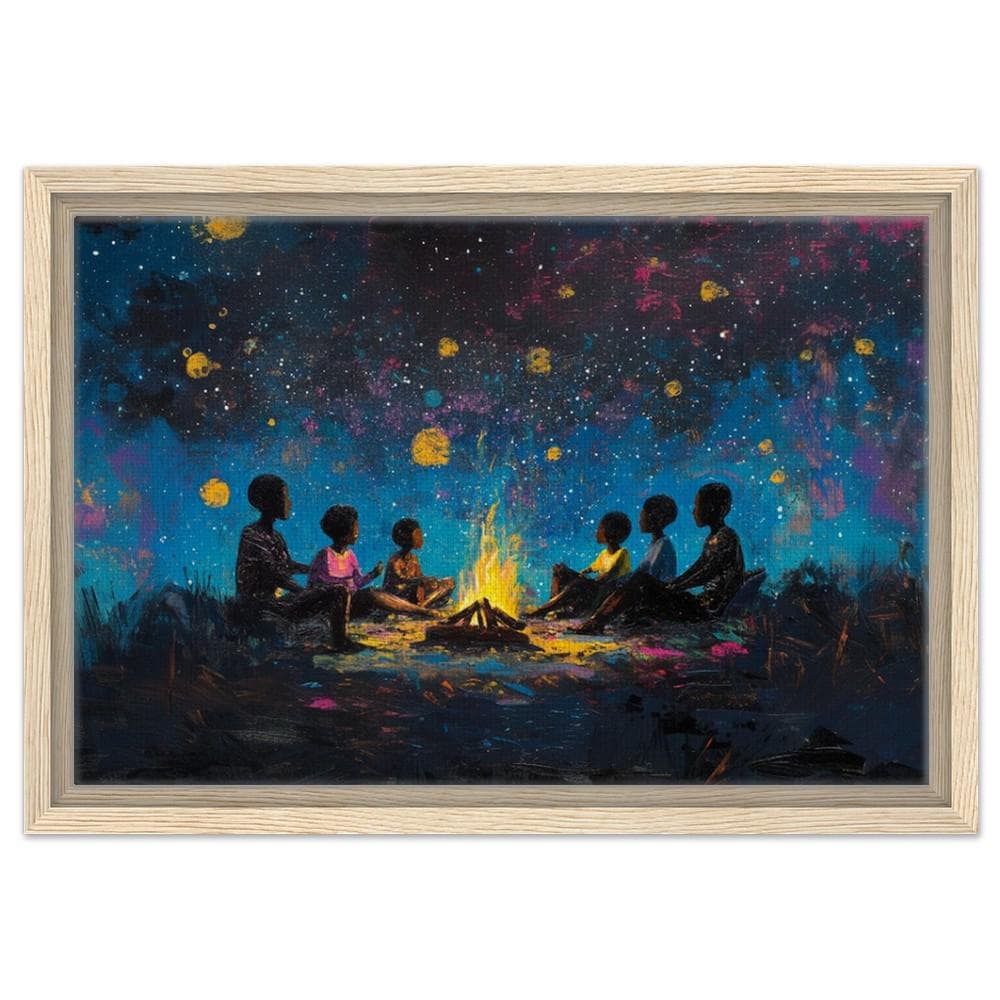 Black Family Around Campfire | Night Sky Art | African American Wall Decor | Family Bonding Canvas Print