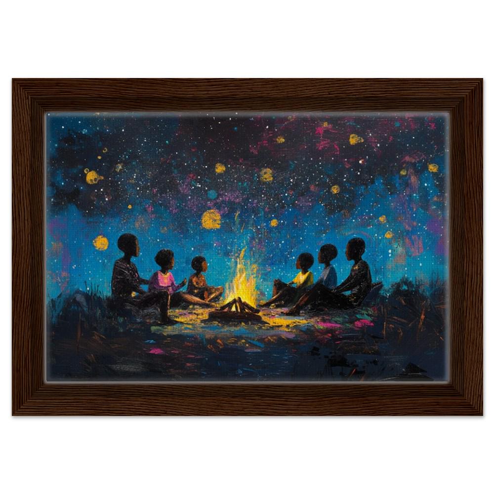 Black Family Around Campfire | Night Sky Art | African American Wall Decor | Family Bonding Canvas Print