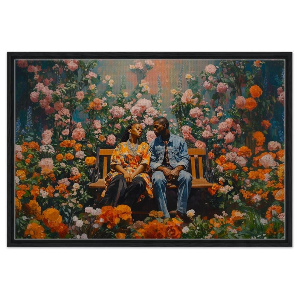Black couple embraced in a vibrant floral garden, showcasing love through African American wall art.
