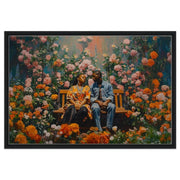 Black couple embraced in a vibrant floral garden, showcasing love through African American wall art.