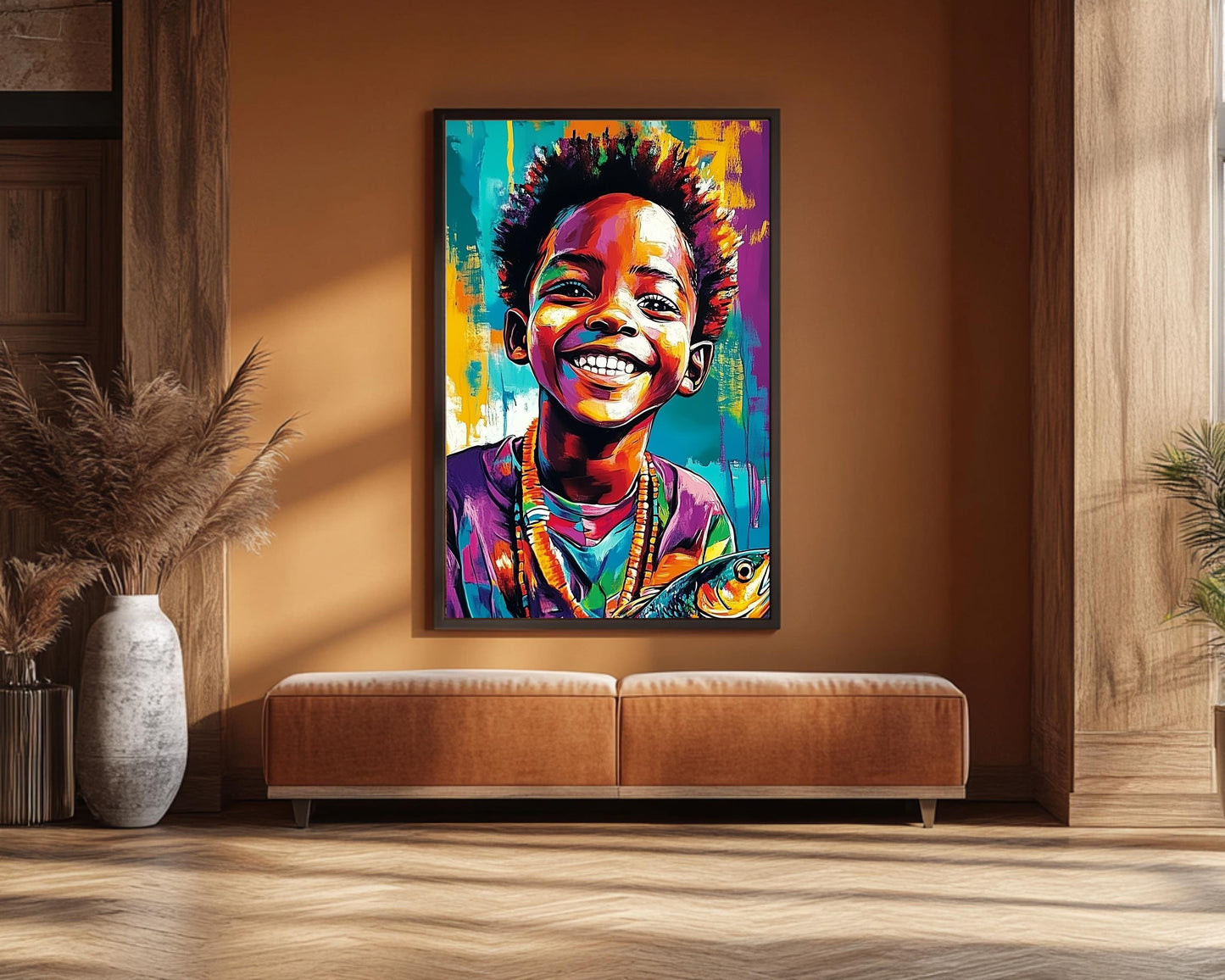 Proud Black Boy with Fish | African American Art | Colorful Abstract Canvas Print | Joyful Black Boy Wall Art | Vibrant Home Decor