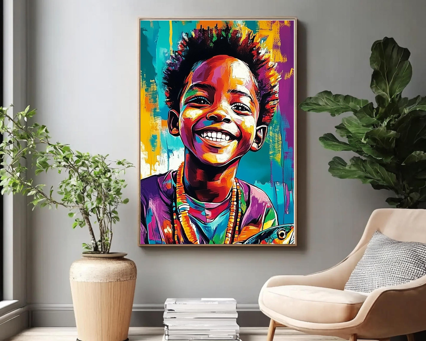 Proud Black Boy with Fish | African American Art | Colorful Abstract Canvas Print | Joyful Black Boy Wall Art | Vibrant Home Decor