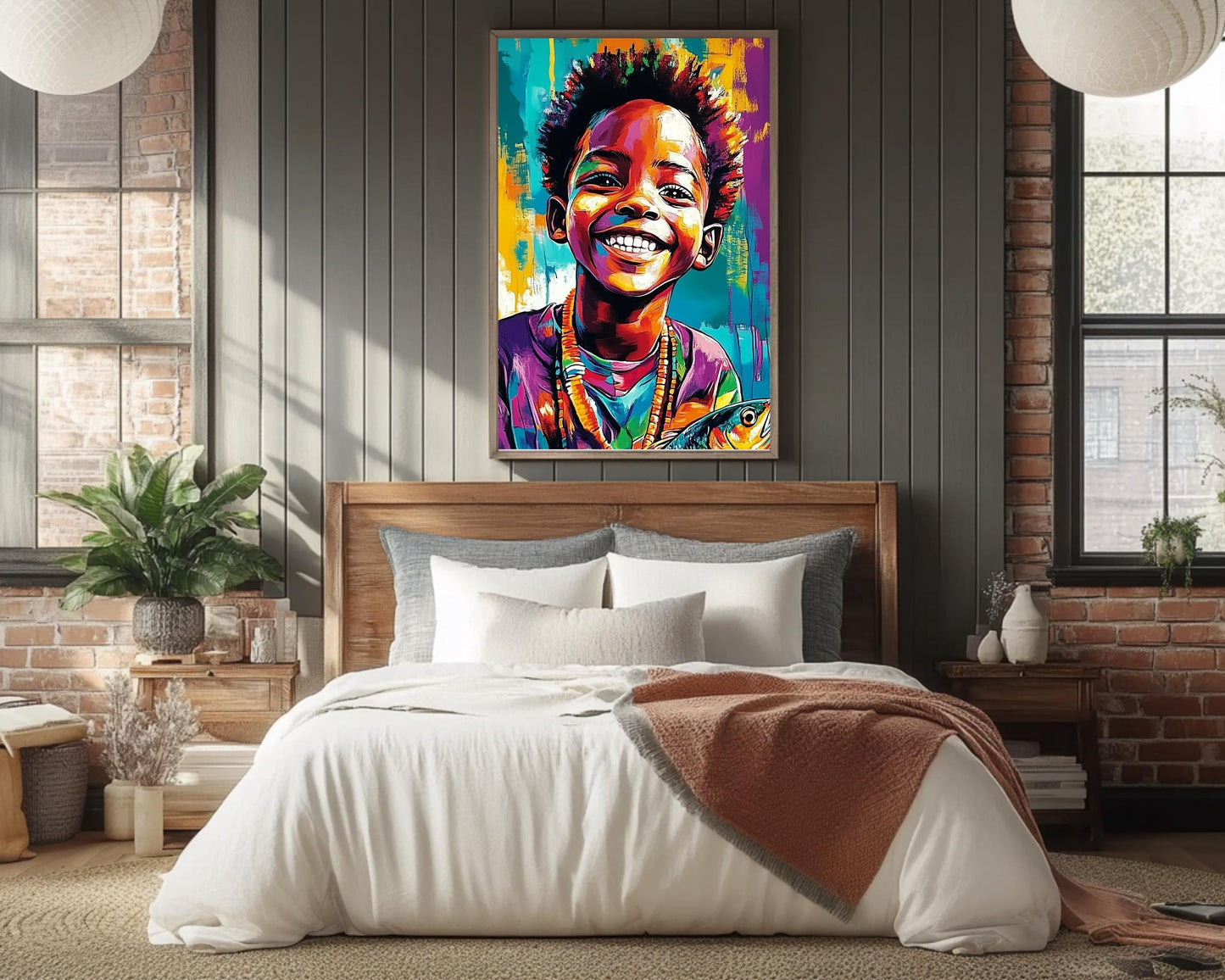 Proud Black Boy with Fish | African American Art | Colorful Abstract Canvas Print | Joyful Black Boy Wall Art | Vibrant Home Decor