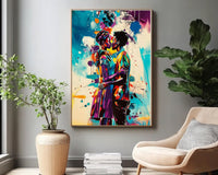 Vibrant African American wall art canvas depicting a colorful abstract dance scene, perfect for adding energy to any space.