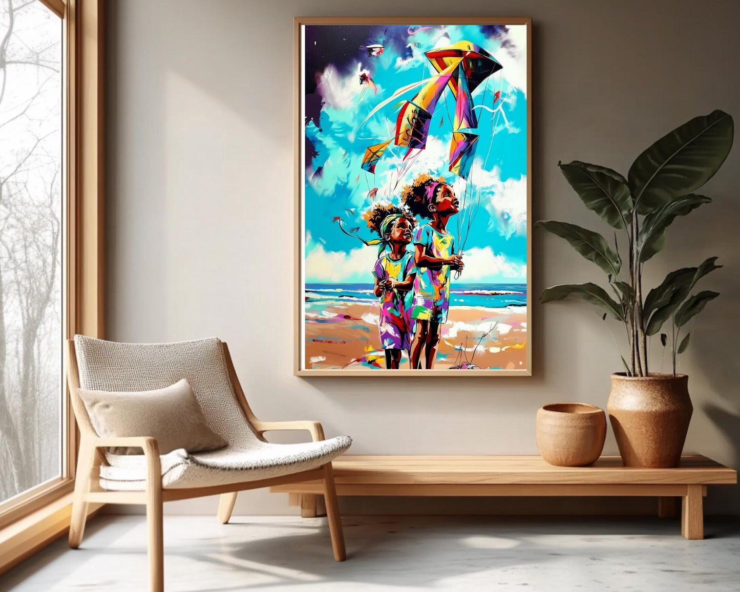 Black Kids Flying Kites | African American Art | Colorful Abstract Canvas Print | Joyful Childhood Art | Beach Wall Art