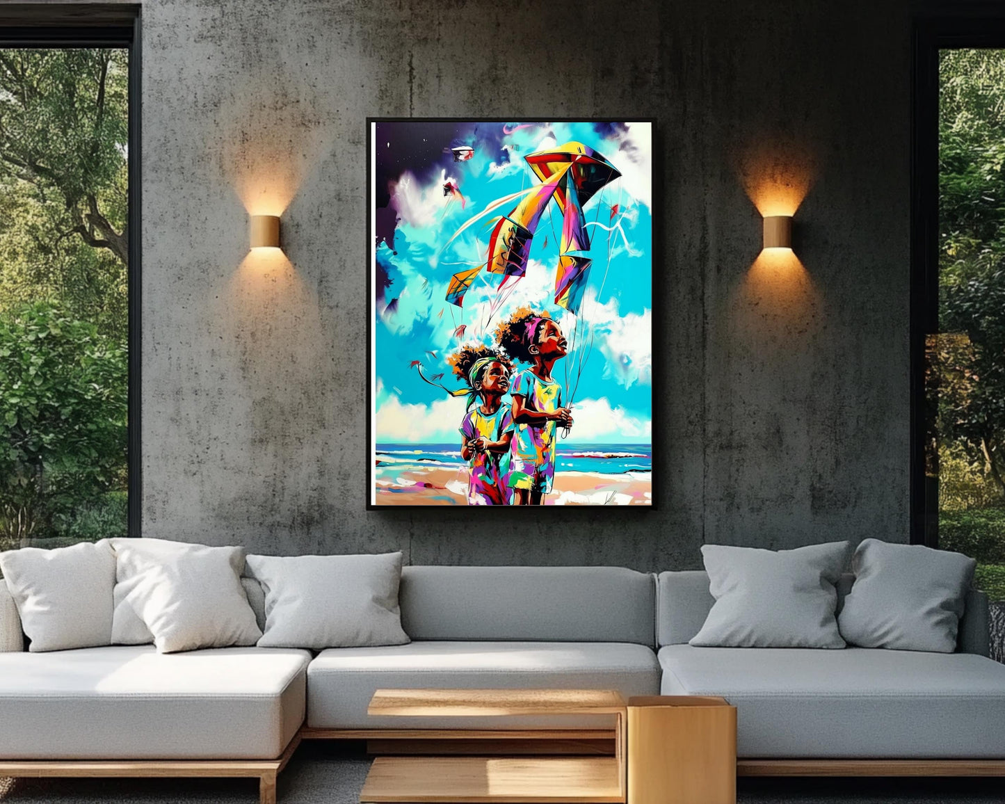 Black Kids Flying Kites | African American Art | Colorful Abstract Canvas Print | Joyful Childhood Art | Beach Wall Art