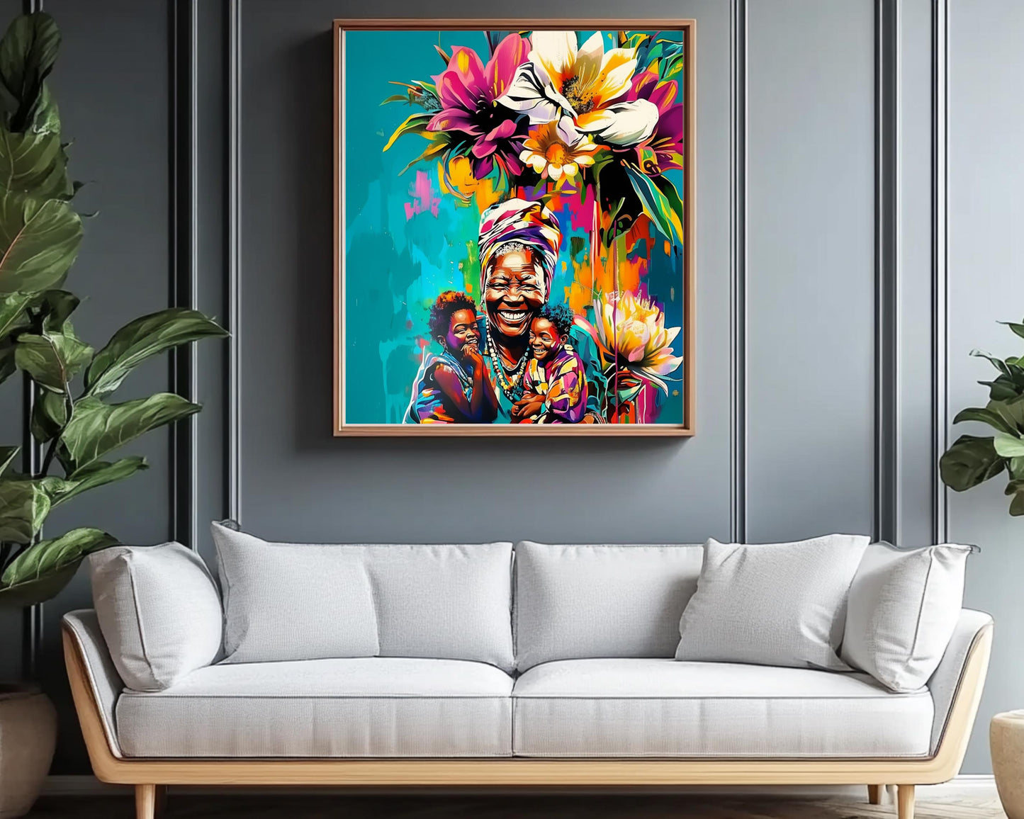 Black Grandmother with Grandchildren | African American Art | Colorful Abstract Canvas Print | Family Love Wall Art | Joyful Home Decor