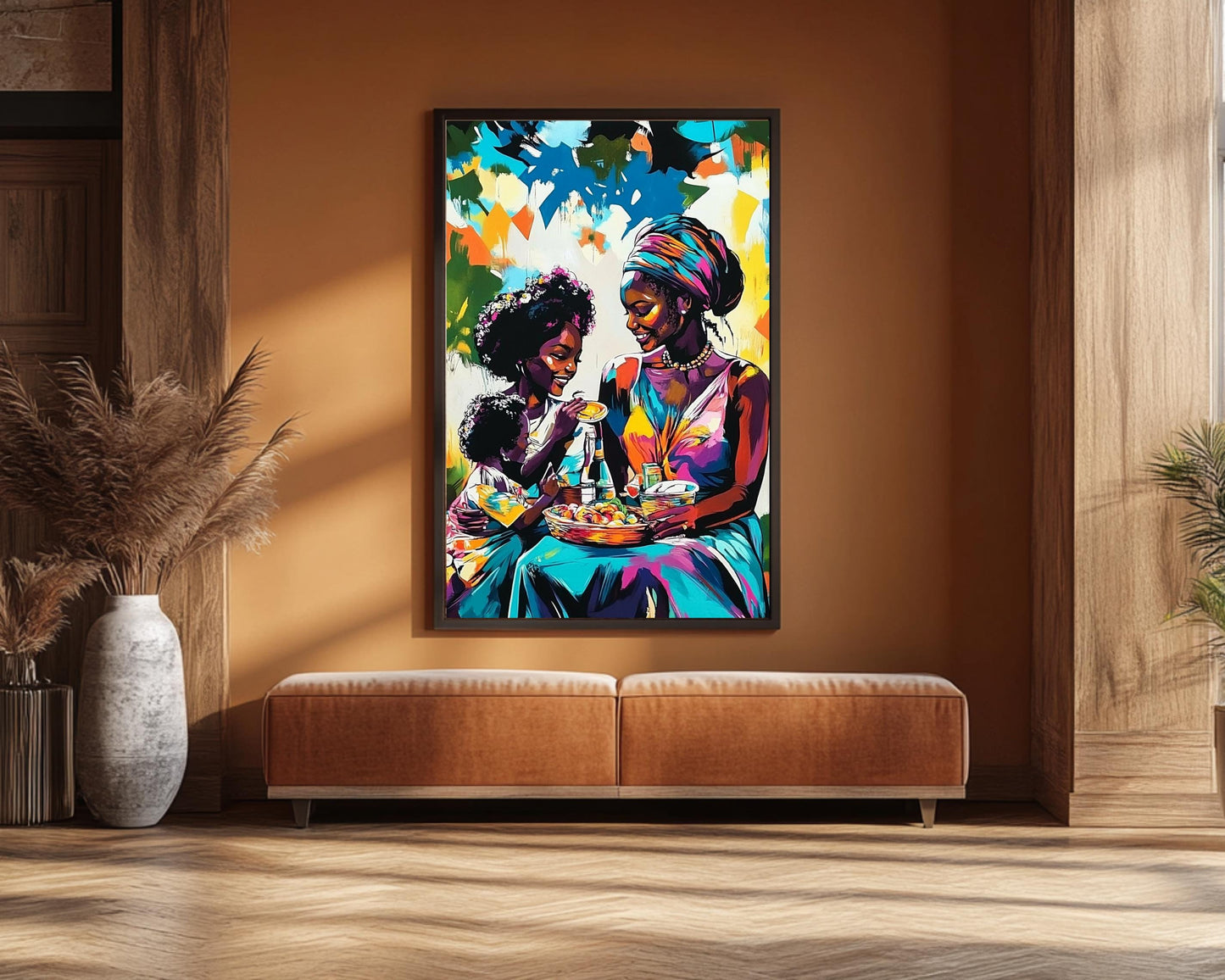 Black Family Sharing Meal | African American Art | Colorful Abstract Canvas Print | Family Bond Wall Art | Joyful Home Decor