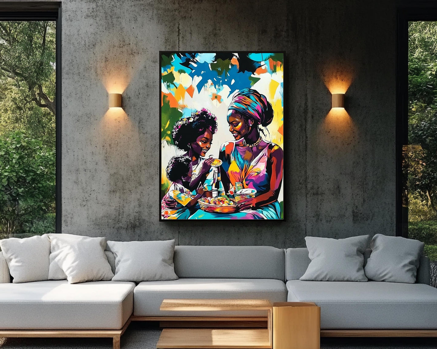 Black Family Sharing Meal | African American Art | Colorful Abstract Canvas Print | Family Bond Wall Art | Joyful Home Decor