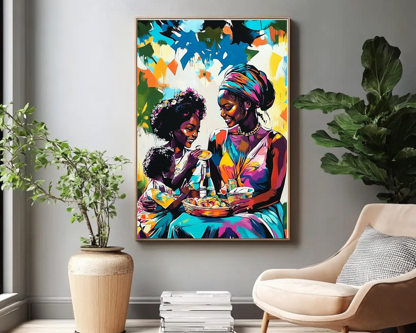 Black Family Sharing Meal | African American Art | Colorful Abstract Canvas Print | Family Bond Wall Art | Joyful Home Decor