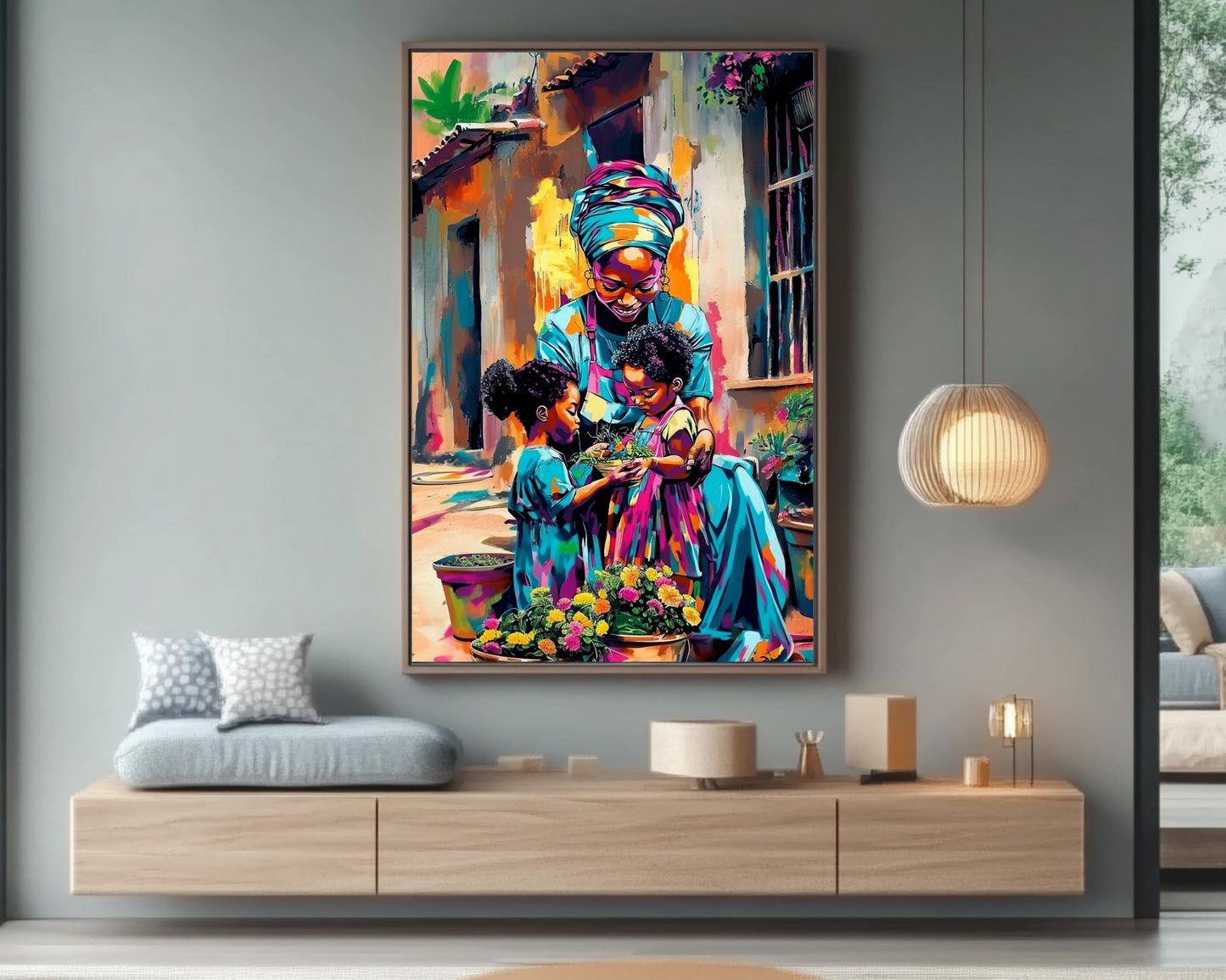 Black Grandmother and Children Gardening | African American Art | Colorful Abstract Canvas Print | Family Bond Wall Art | Joyful Home Decor