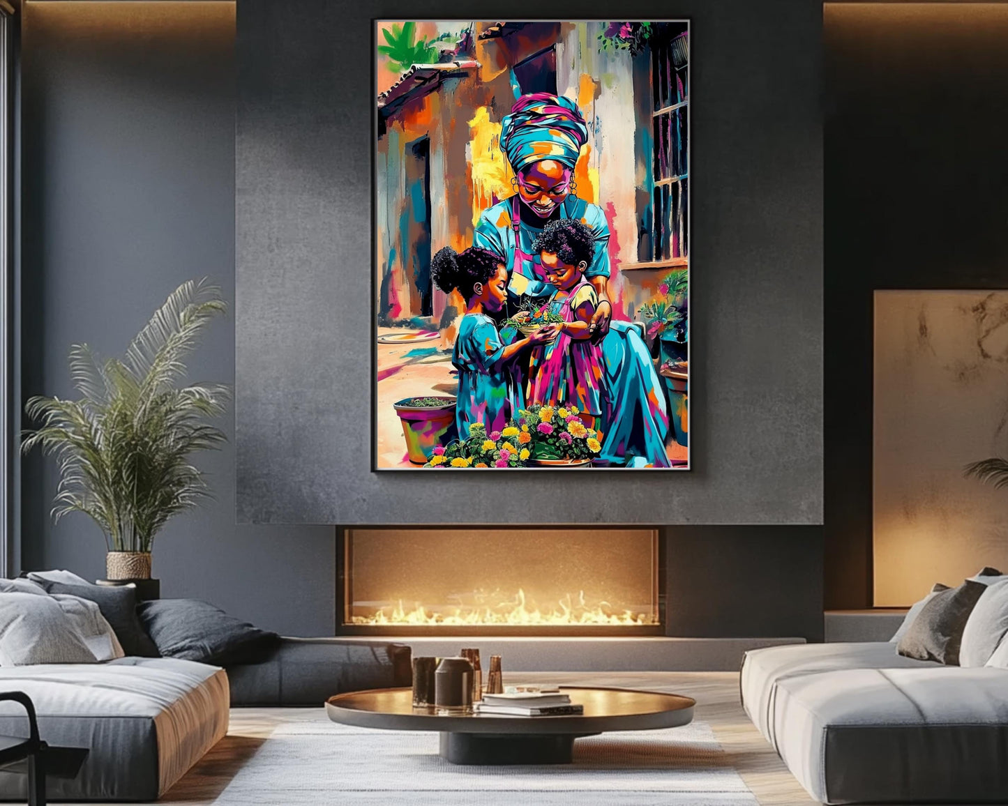 Black Grandmother and Children Gardening | African American Art | Colorful Abstract Canvas Print | Family Bond Wall Art | Joyful Home Decor