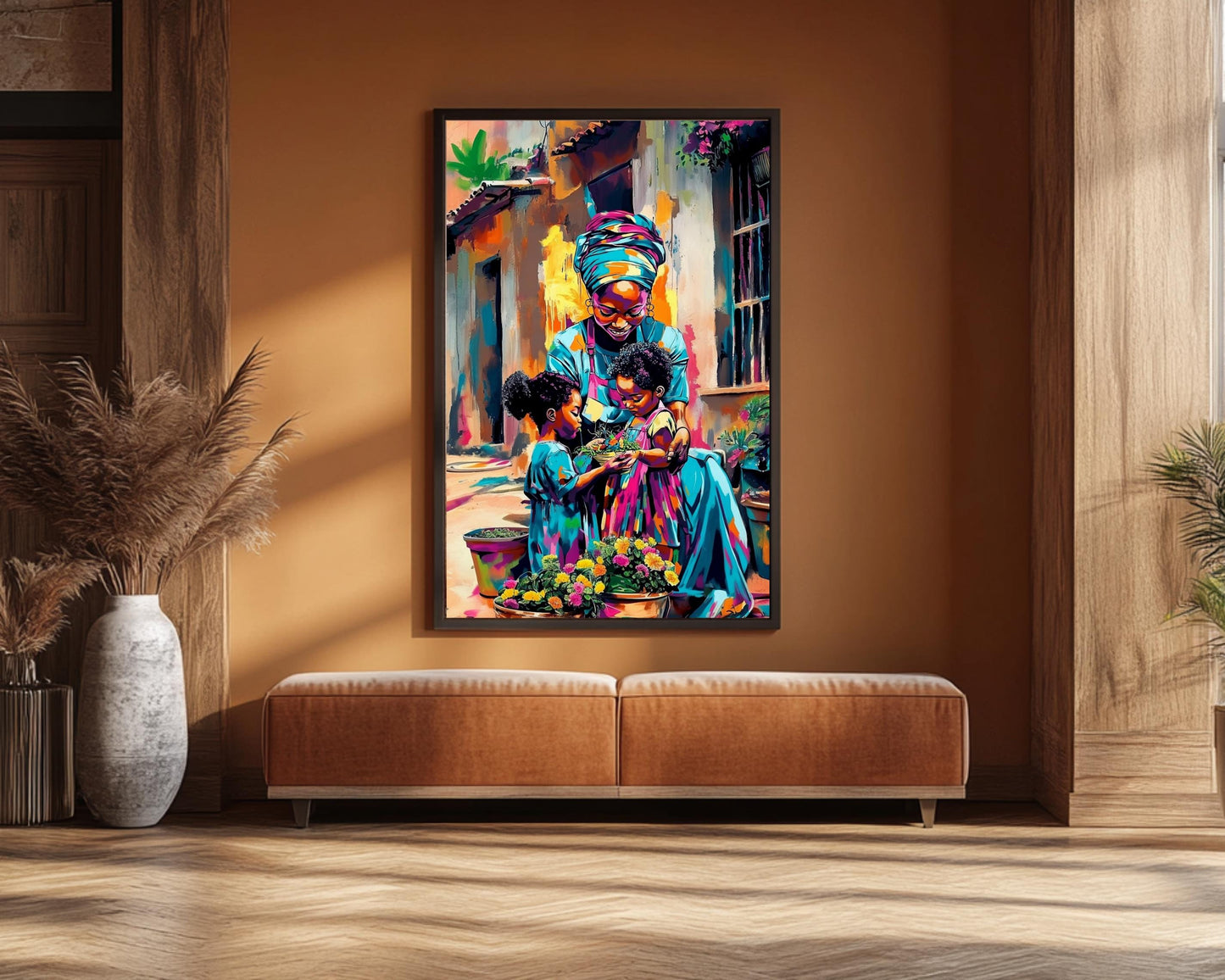 Black Grandmother and Children Gardening | African American Art | Colorful Abstract Canvas Print | Family Bond Wall Art | Joyful Home Decor