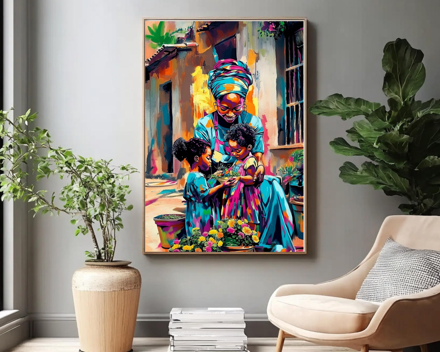 Black Grandmother and Children Gardening | African American Art | Colorful Abstract Canvas Print | Family Bond Wall Art | Joyful Home Decor