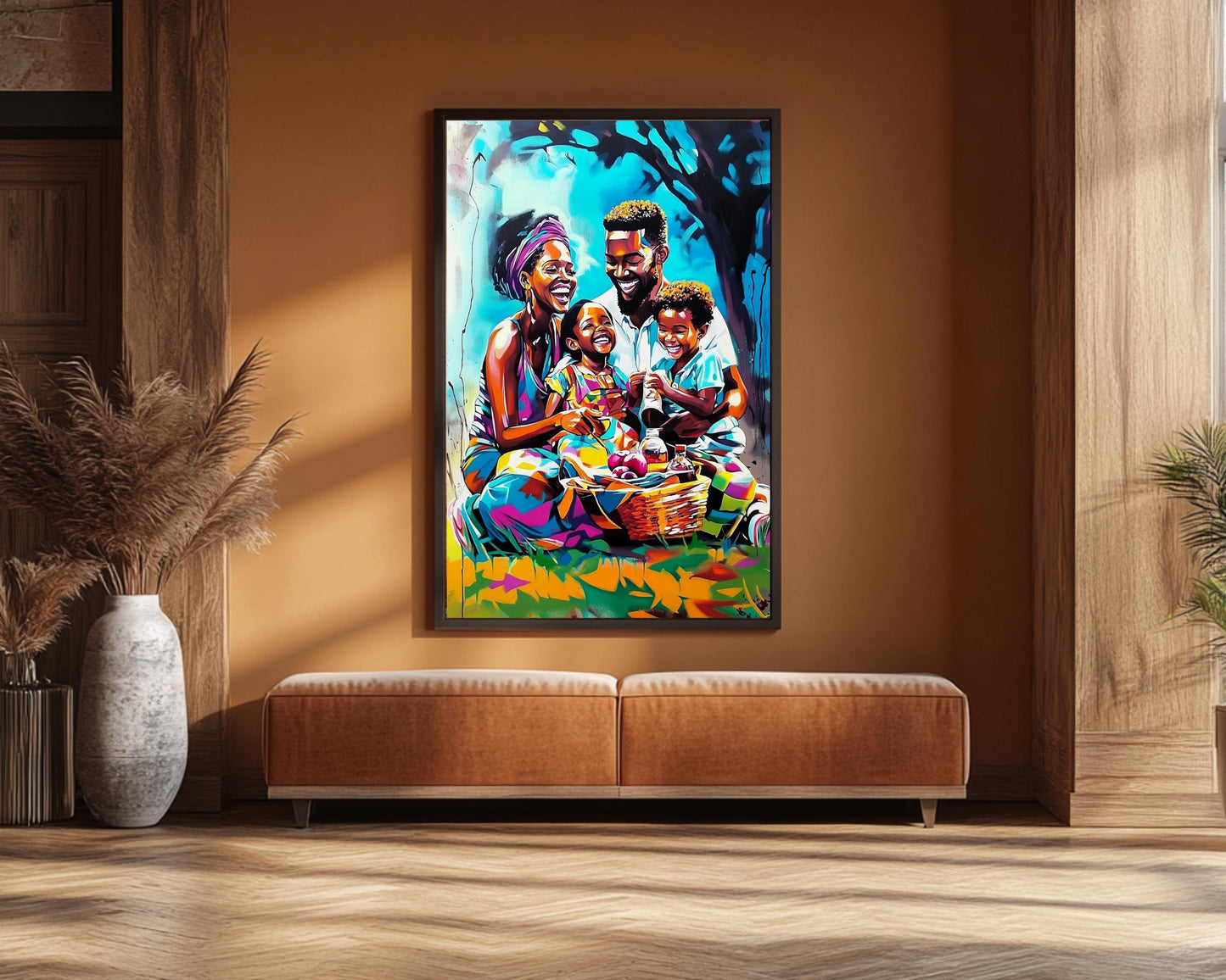 Black Family Picnic | African American Art | Colorful Abstract Canvas Print | Family Bond Wall Art | Joyful Home Decor