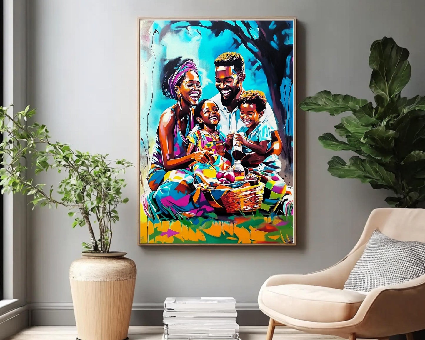 Black Family Picnic | African American Art | Colorful Abstract Canvas Print | Family Bond Wall Art | Joyful Home Decor