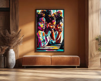 Colorful abstract african american wall art featuring vibrant shapes and patterns on a textured canvas.