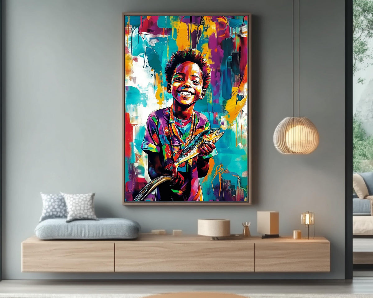 Fishing Black Boy African American wall art featuring a young boy joyfully fishing by a serene lake.
