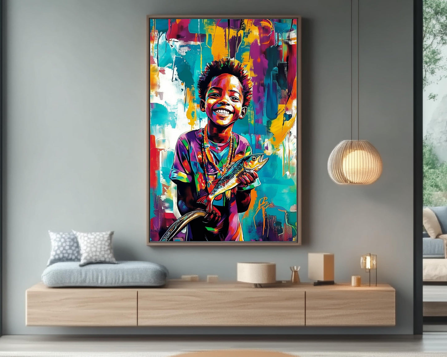 Black Boy Fishing | African American Art | Colorful Abstract Canvas Print | Joyful Youth Wall Art | Vibrant Home Decor