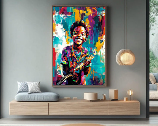 Black Boy Fishing | African American Art | Colorful Abstract Canvas Print | Joyful Youth Wall Art | Vibrant Home Decor