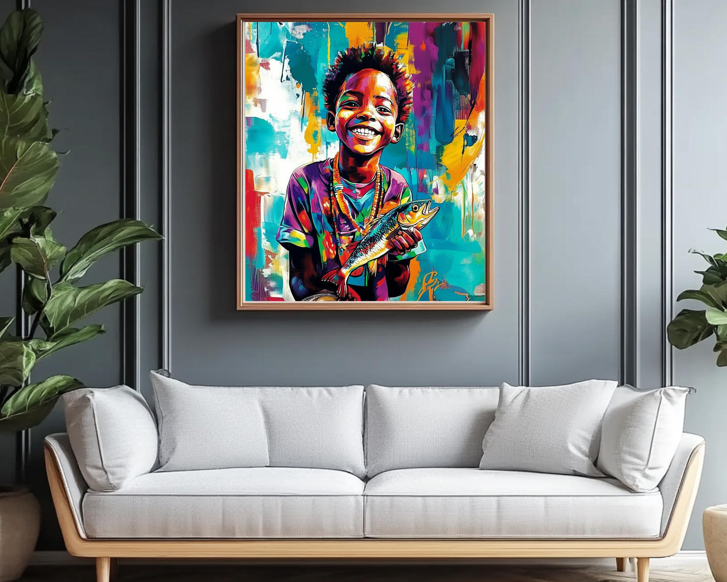 Black Boy Fishing | African American Art | Colorful Abstract Canvas Print | Joyful Youth Wall Art | Vibrant Home Decor