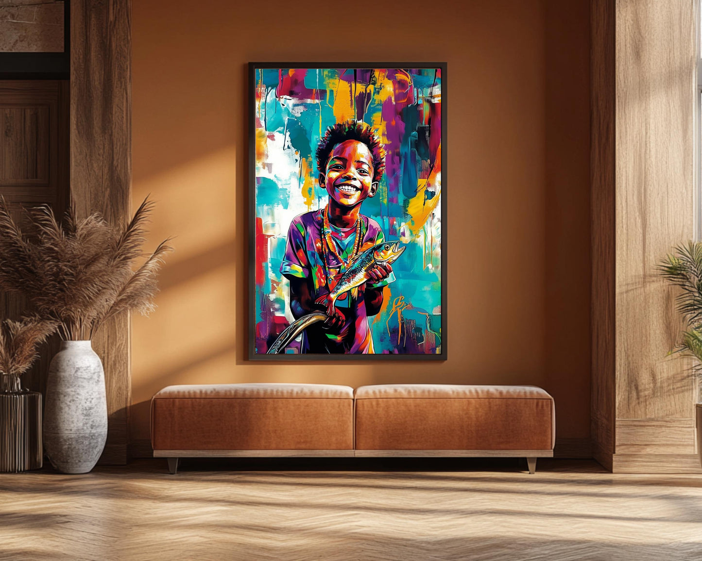 Black Boy Fishing | African American Art | Colorful Abstract Canvas Print | Joyful Youth Wall Art | Vibrant Home Decor