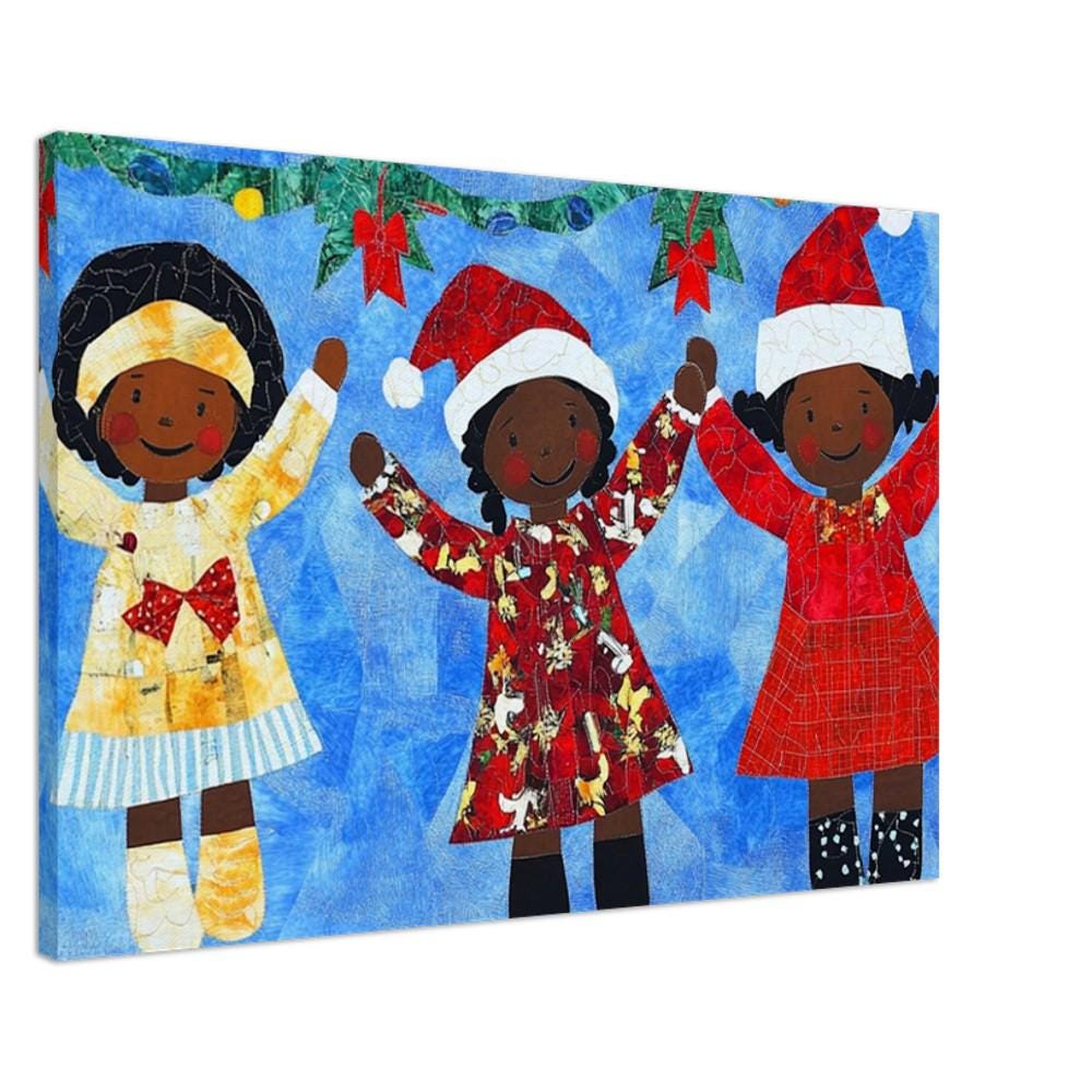 Faith Ringgold Quilt-Style Christmas Art | Black Children Holiday Decor | African American Wall Art