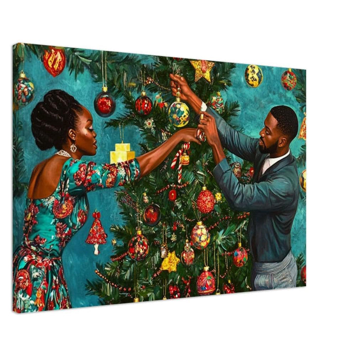 Black couple decorating a Christmas tree, showcasing vibrant colors in this African American wall art canvas.